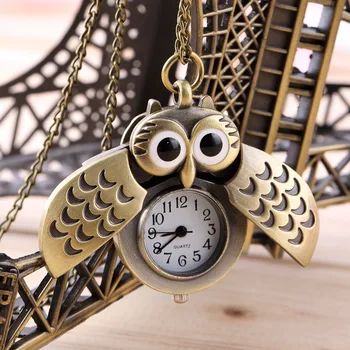 

Stylish Cartoon Retro Bronze Owl Pocket Watch Sweater Chain Necklace Slide Watch relogio de bolsob Unisex Kids Gift