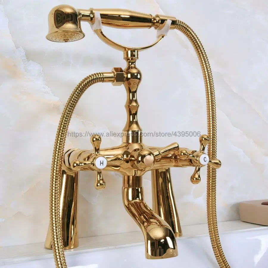 

Bathtub Faucet Golden Deck Mounted Tub Mixer Faucet Dual Handle Hot and Cold Water Tap Telephone Style + hand shower Bna151