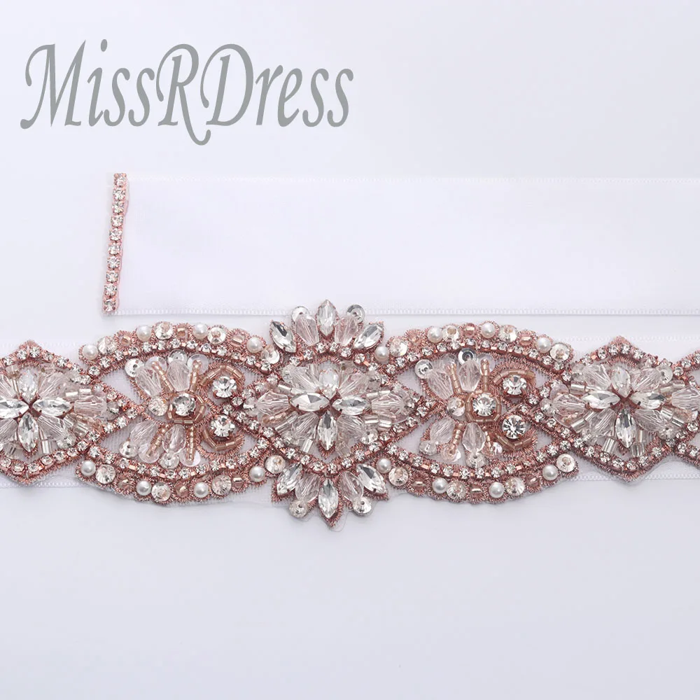 MissRDress стразы, свадебный пояс, пояс ручной работы, расшитый бисером, свадебный пояс, розовое золото, Лента Свадебная со стразами для свадебного платья JK827