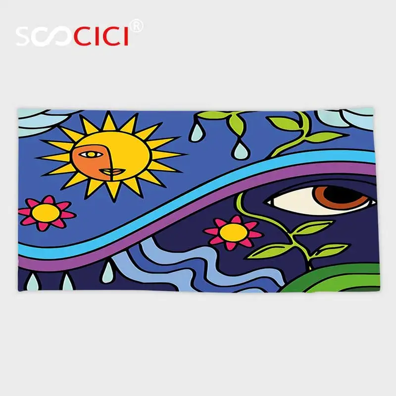 

Custom Microfiber Ultra Soft Bath/hand Towel,Abstract Decor Spiritual Nature Illustration with Sun Sky Flowers and Eye Figures