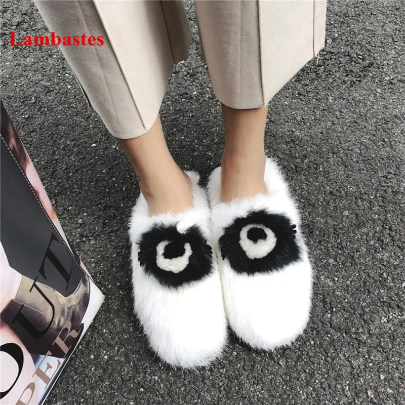 

Winter Shoes Women White Rabbit Fur Designer Short Plush Warm Women Slippers Outdoor Height Increasing Flat Zapatillas Mujer