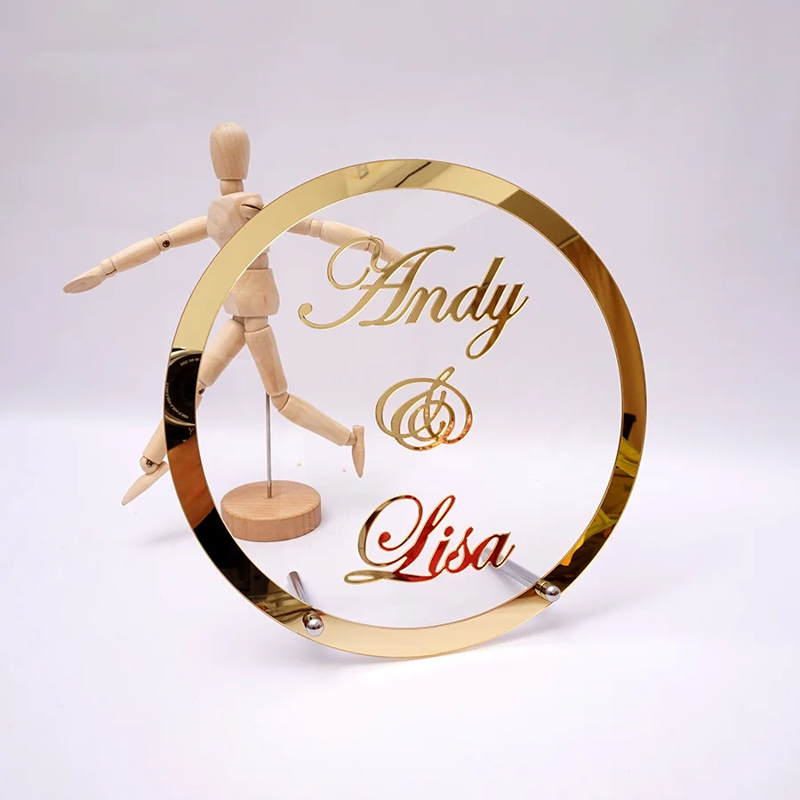 Makeup Mirror Wooden Wedding Table Cards Room Decoration Round Wedding Name Personalized Mirror Frame Acrylic Babyshower Word Sign Circle Shape Party Decor With Nail Guest Gifts