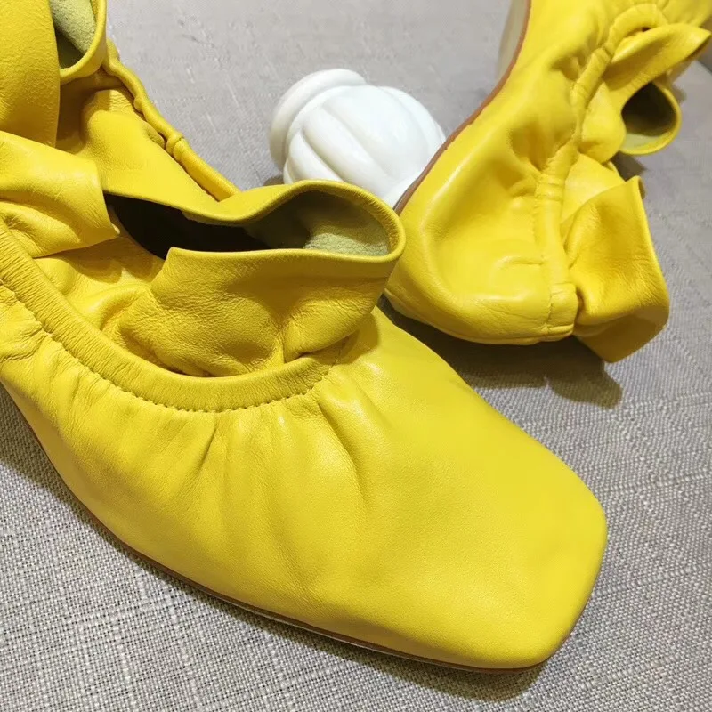 Chaussures femme ete/ г.; женская кожаная обувь на среднем каблуке; квадратные носки; туфли-лодочки с оборками; цвет золотой, зеленый, желтый; zapatos de mujer; туфли-лодочки