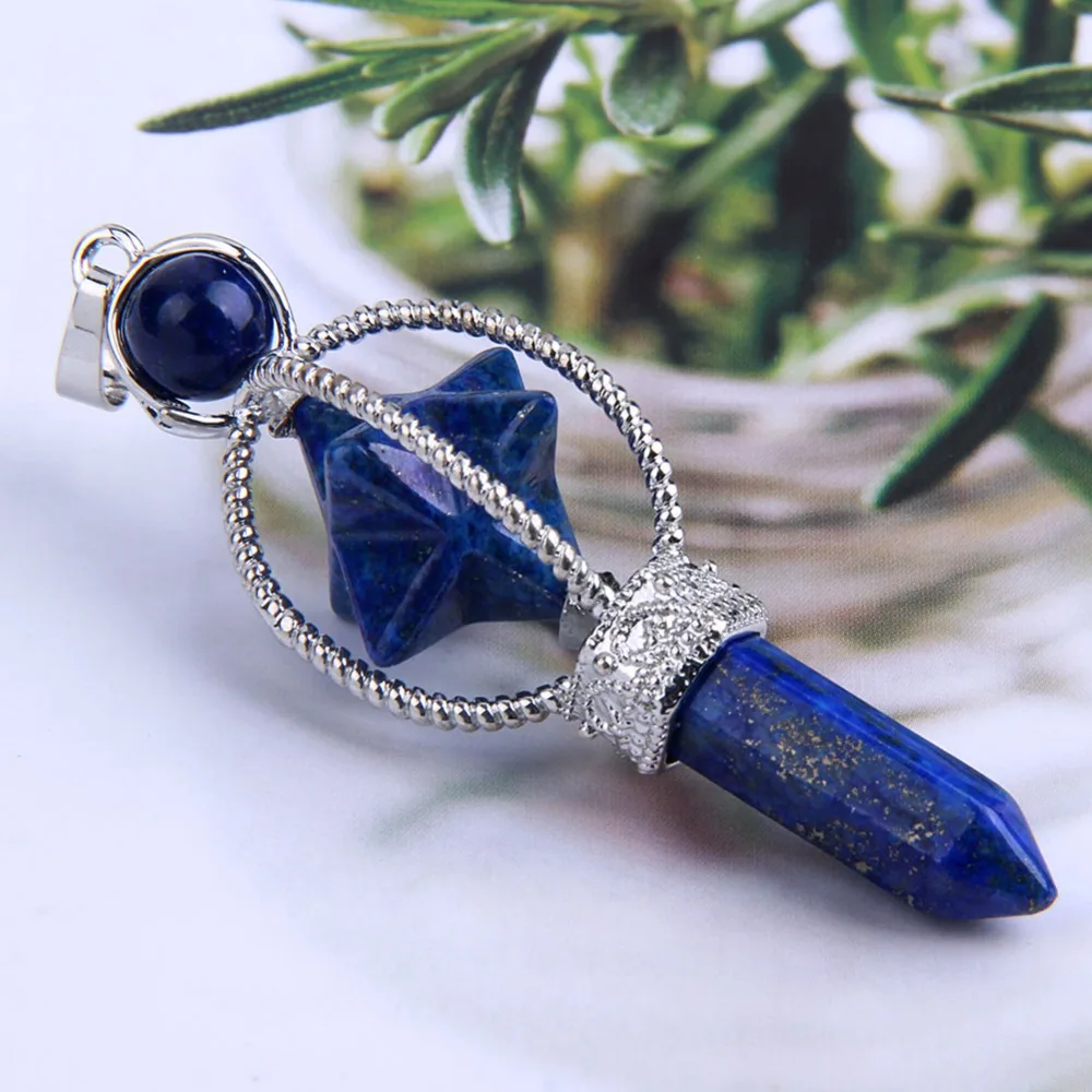 

yaye Lapis Lazuli Stone Carved Merkaba Star Hexagon Column Scepter Pendant Roller Ball Top Silver Plated Charm Ornament 1pc
