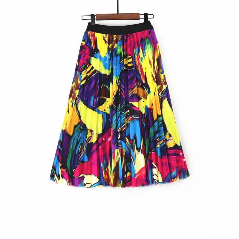 

MNOGCC New-coming Spring Rainbow Discoloration Silk Surface Retro Women Skirts High Street Style A-Line Striped Pleated Skirts