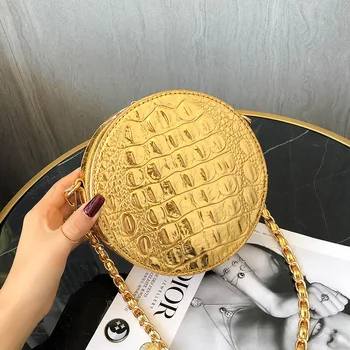 

Hong Kong wind bag women 2019 new fashion bright chain single back messenger bag Joker crocodile pattern small round bag