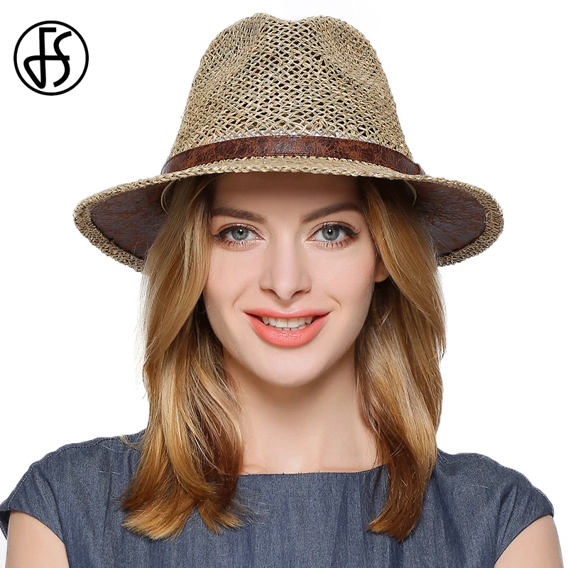 FS Summer Panama Hats Men Wide Brim Straw Sun Hat For Women Hollow Out