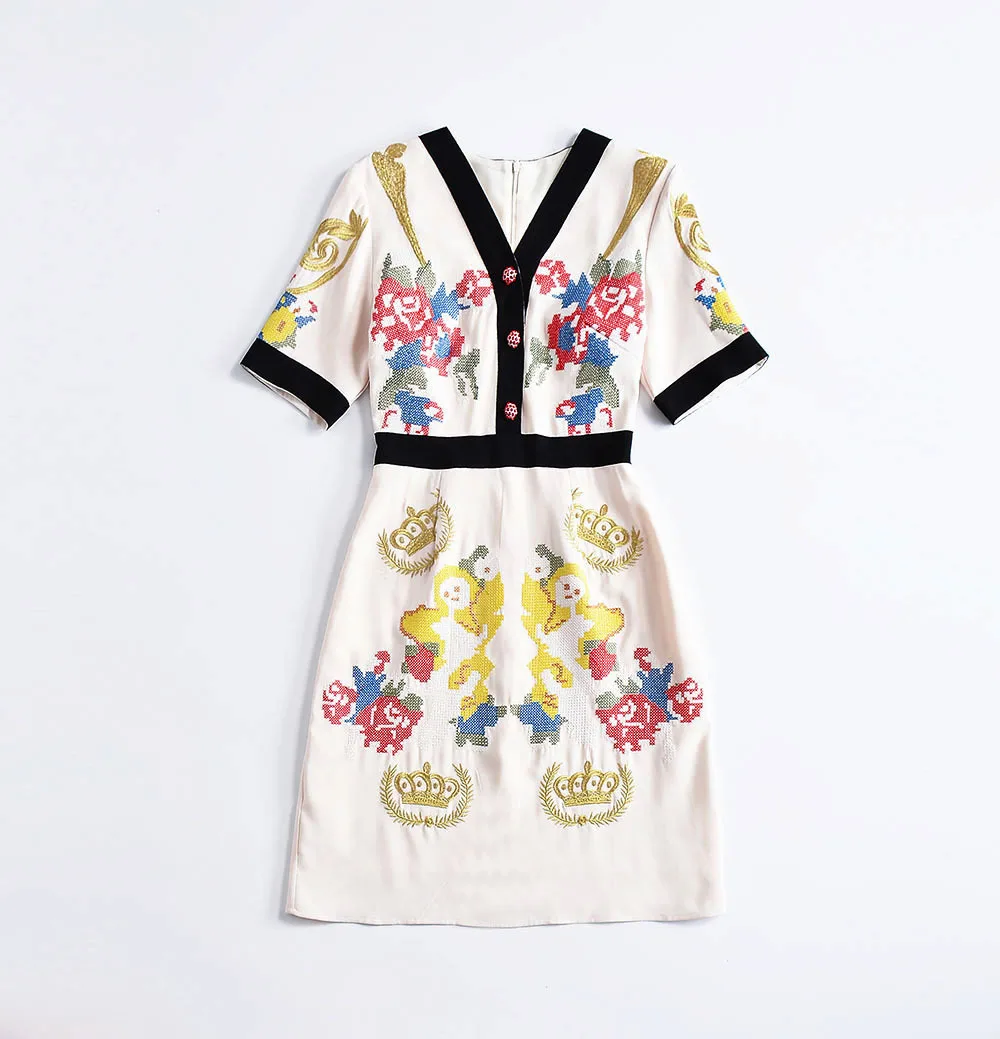 

2018 Runway Dresses Spring/Summer Embroidery V-collar High Quality Short Sleeves Silm Women's Dress Vestidos De Festa 411