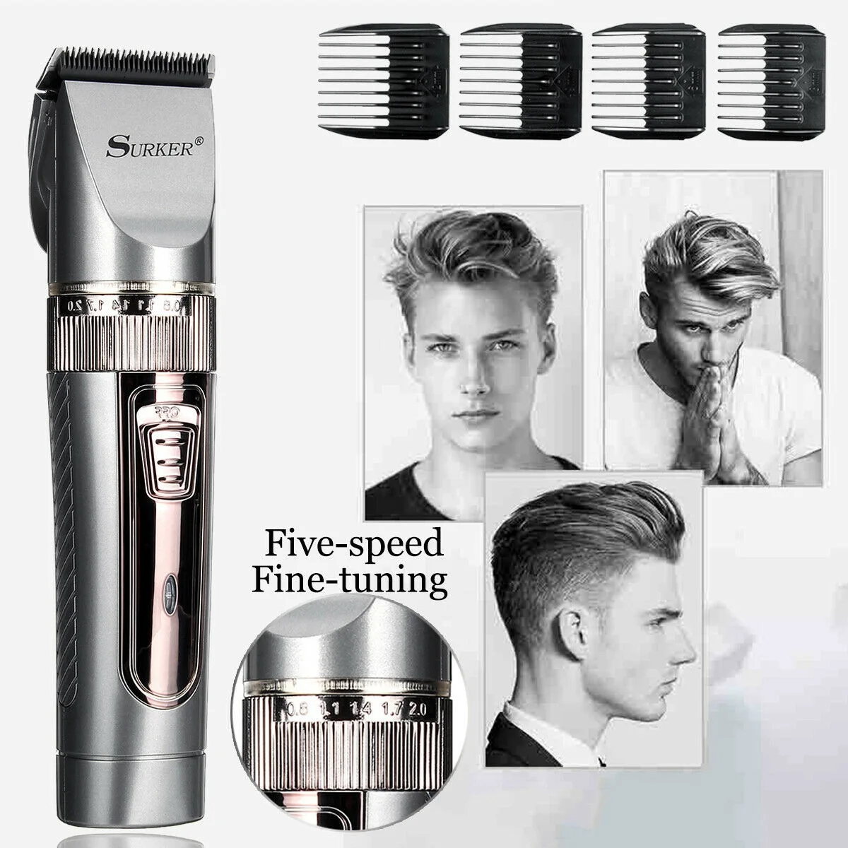 

HOT!Surker Professional Hair Trimmer Rechargeable Digital Hair Clipper 5 Speed Fine-Tuning Trimmer Beard Shaver Ceramic Blade