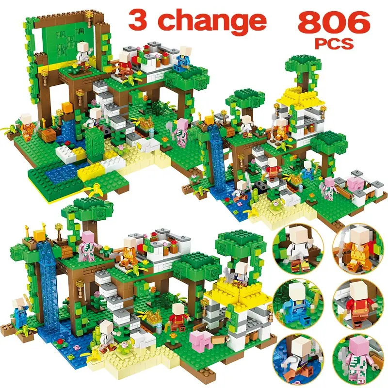 

806PCS Toys For Children My World Jungle Lodge Tree Waterfall Building Blocks Compatible Legoed Minecrafted Educational Bricks