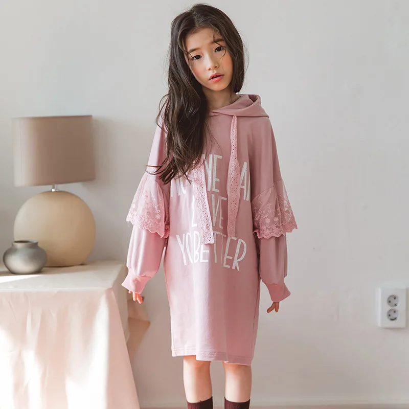 Lace Patchwork Little Girls Long Sleeve Dresses 2019 Autumn Hooded Kids
