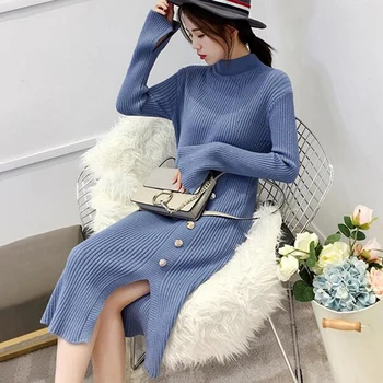 

Winter Turtleneck Maxi Dress Women Slim Knitting Long Autumn Black Basic Dress Warm Long Sleeve Basic Sweater LM005