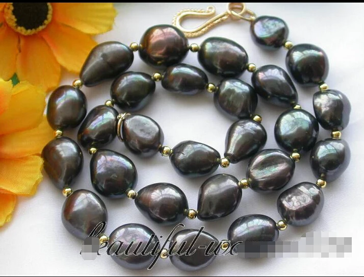 

z3037 17" 15mm baroque black freshwater cultured pearl necklace NEW