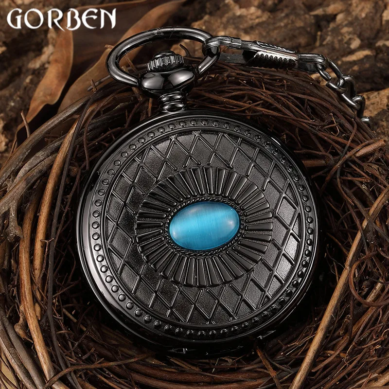 

Retro Black Steel Mehanical Pocket Watch FOB Chain Clock Hollow Skeleton Dial Hand Wind Mechanical Mens Womens Watch Men Gifts