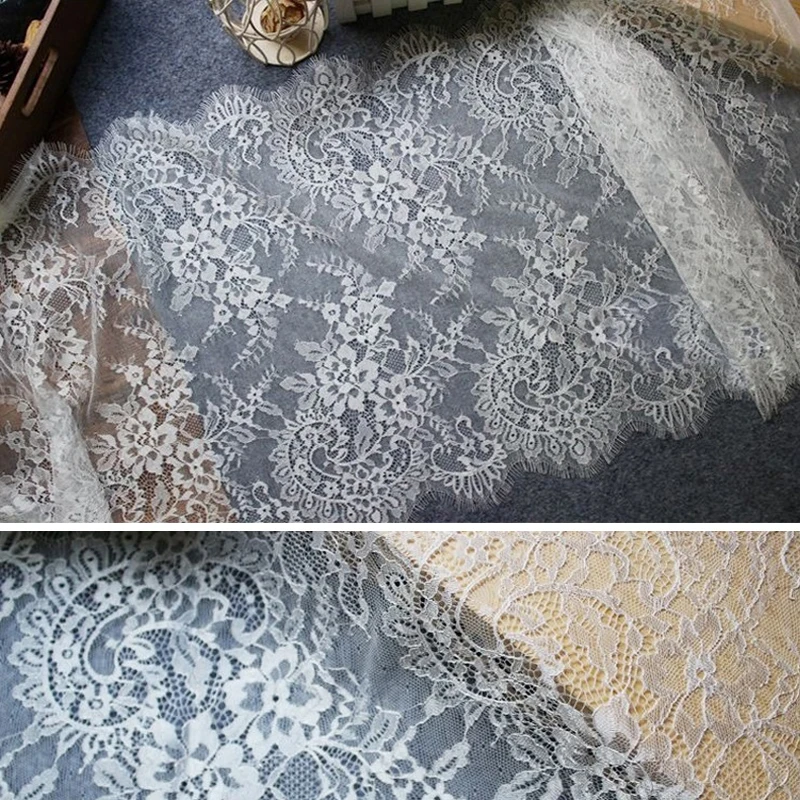 

3M/ Width 45CM Floral Embroidered wide Soft eyelash lace fabric for dress DIY adornment accessories Off white Black