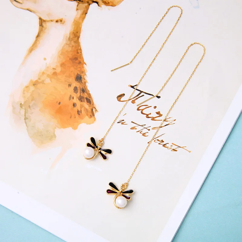 

2019 New Fashion Insect Statement Enamel Dragonfly Drop Earrings Exquisite Synthesis Pearl Single Chain Long Dangle Earrings