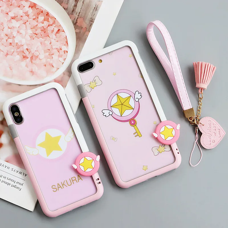 

For iPhone XS Max XR X SOFT BUMPER + sailor moon Sakura Tempered Glass Screen film for iPhone 8plus 8 7 7P 6S 6SP +strap