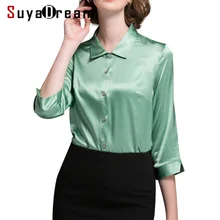 Женская шелковая рубашка, 94% натуральный шелк, 6% спандекс, пуговица, 3/4 рукав, одноцветная, офисная, женская рубашка,, осень, зима, новинка, рубашка, плюс размер