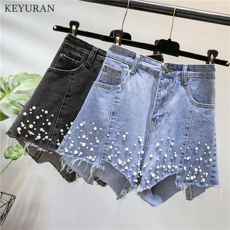 

Plus Size Blue Black Pearl Beading Denim Shorts Women Summer High Waist Button Zipper Fly Asymmetrical Wide Leg Jeans Shorts 4xl