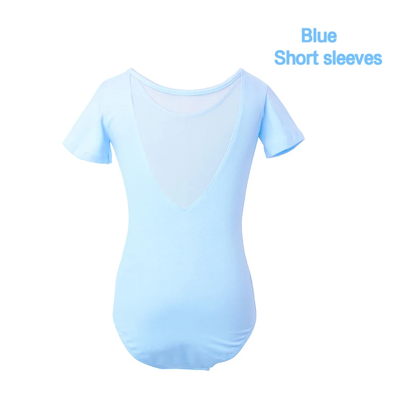 Blue-Short sleeves Балетные танцевальные трико для девочек с длинным/коротким рукавом, Детские сетчатые с v-образным вырезом сзади, танцевальные гимнастические тренировочные костюмы розового и синего цвета - Цвет: Blue-Short sleeves