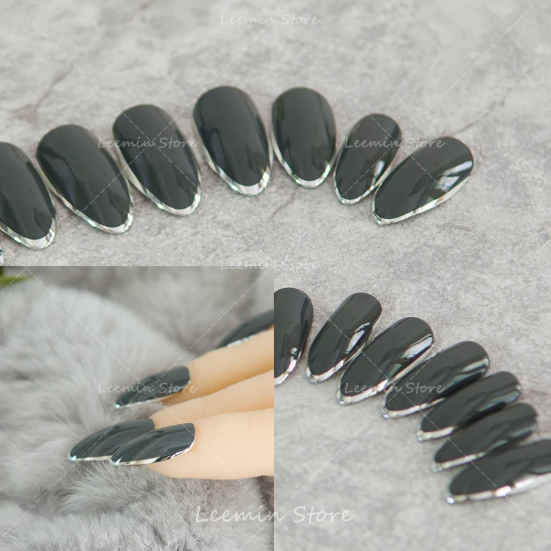 Grandmother grey pointed silver edging nails long tip false nail