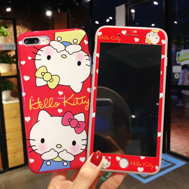Cute Hello Kitty case For iPhone XS max XR X &amp Tempered Glass Screen film Red KT Soft Cover for 8 8plus 7 7P 6 6S 6SP |