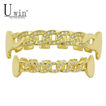 

UWIN NEW Custom Fit Fully CZ Cuban Fang Grills Iced-Out Bling Hip Hop Teeth Grill Top & Bottom GRILLs Set Chain Vampire Grills