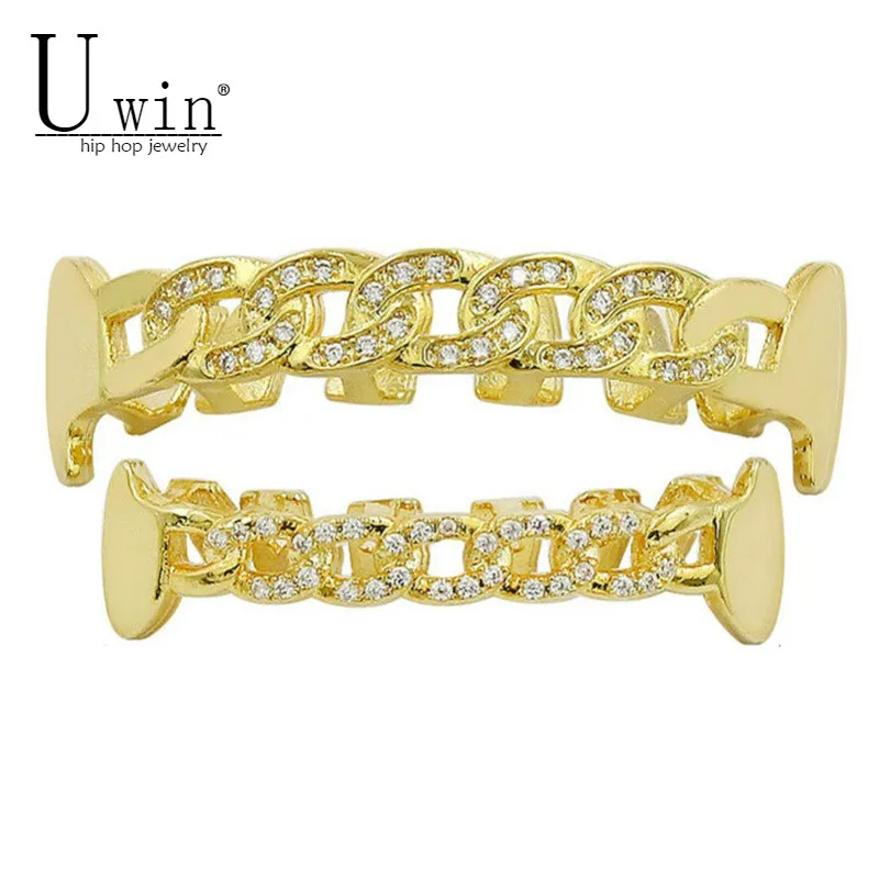 Ceny UWIN NEW Custom Fit Pełni CZ Kubański Fang Grille Iced Out Bling Hip Hop Zęby Grille Grill G oacute;ra i D oacute;ł Zestaw Łańcucha Wampirem grille