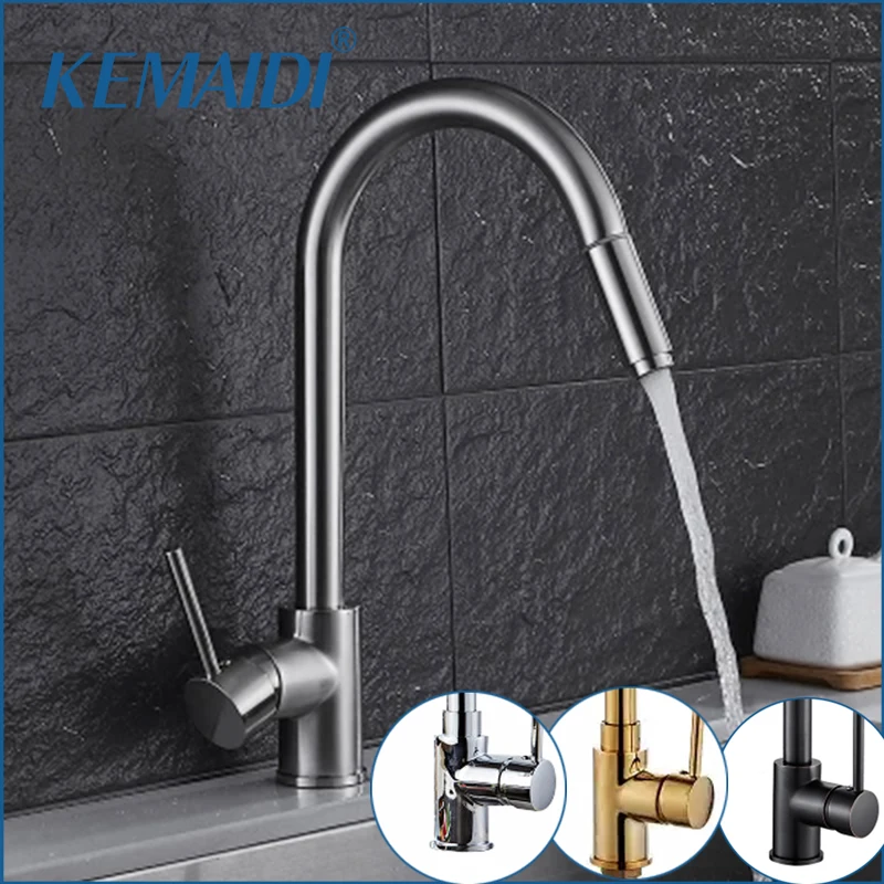 

KEMAIDI Luxury Nickel Faucets Gold Single Handle Kitchen Faucet Pull Out Sprayer 360 Rotatable Single Hole Sink Mixer Tap