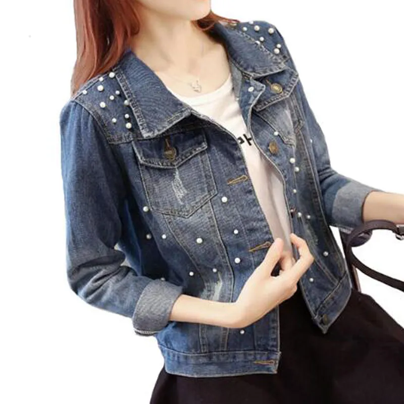 4XL 4XL 6XL 7XL Beading Denim Jacket Women Nice Spring Autumn Slim Plus