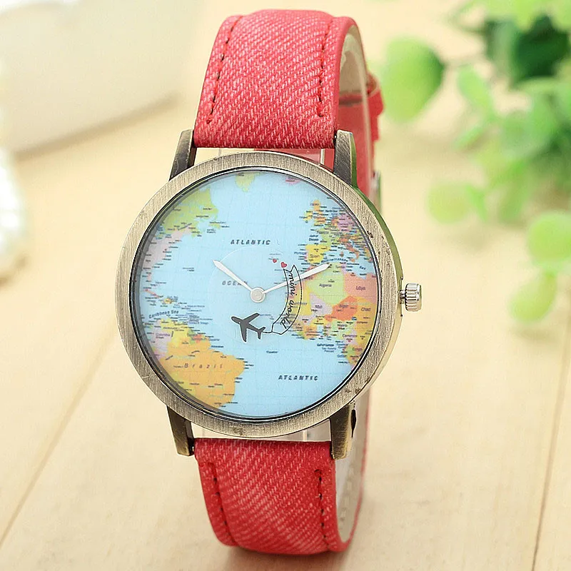 

Women Men Unisex Fashion Vintage Casual World Map watch By Airplane belt Dial Analog Quartz Wrist Watch for Children and adults