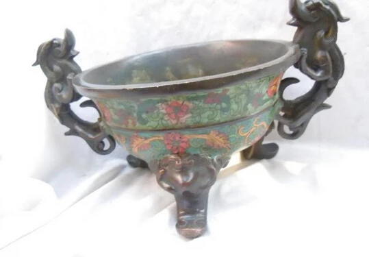 

wholesale factory China old bronze cloisonne carved Foo Dogs lion Incense Burner sculpture statue