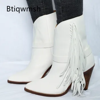 

2019 Classic Tassel Ankle Boots Women Pointed toe White Sheepskin Fringe Spike Heel Boots Lady Fashion Short Boots Women Shoes