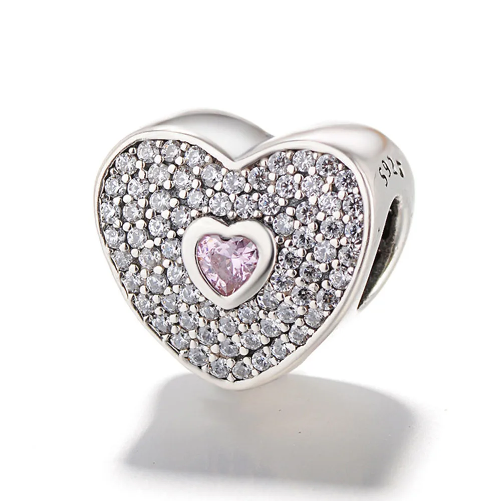 

Authentic 925 Sterling Silver Charm Shine Pink Heart Full Crystal Beads For Original Pandora Charm Bracelets & Bangles Jewelry