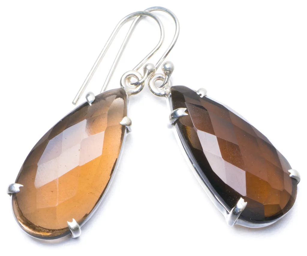 

Natural Smoky Quartz Handmade Unique 925 Sterling Silver Earrings 1.5" Y0430