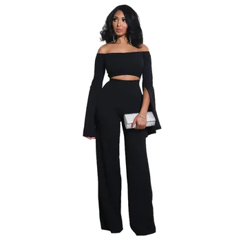 

Sexy Hollow Out Long Slit Sleeve Off Shoulder Jumpsuit Women Elegant Wide Leg Pants Women Jumpsuit Evening Party Overalls Female