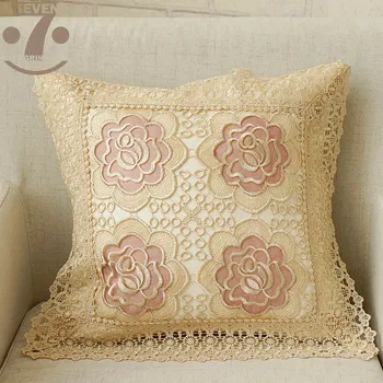

High Quality Embroidered Burgundy Color 45x45cm Square Home Decorative Thick Pillow Cover With Elegant Lace Border