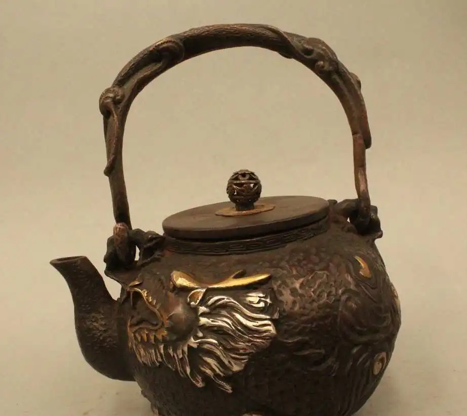 

8" Archaic Japan Japanese Iron Lucky Dragon Kettle Wine Tea Pot Flagon