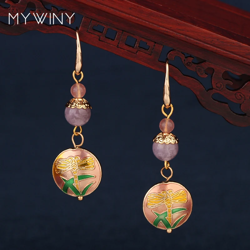

3 colors NEW MYWINY fashion Copper jewelry vintage earrings women,Chinese wind enamel cloisonne dragonfly earrings jewelry