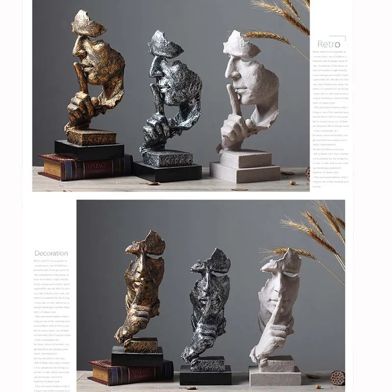 Resin Crafts Silence Is Gold Human Head Figurines Miniatures Ornament Vintage Living Room Office Home Library Decor Accessories (2)