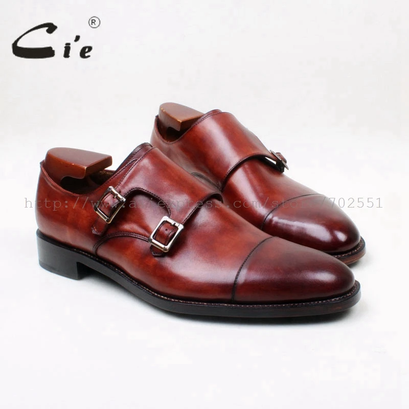 cie Round Cap Toe Hand Painted Brown Patina Double Monk Straps 100 Genuine Calf Leather Breathable