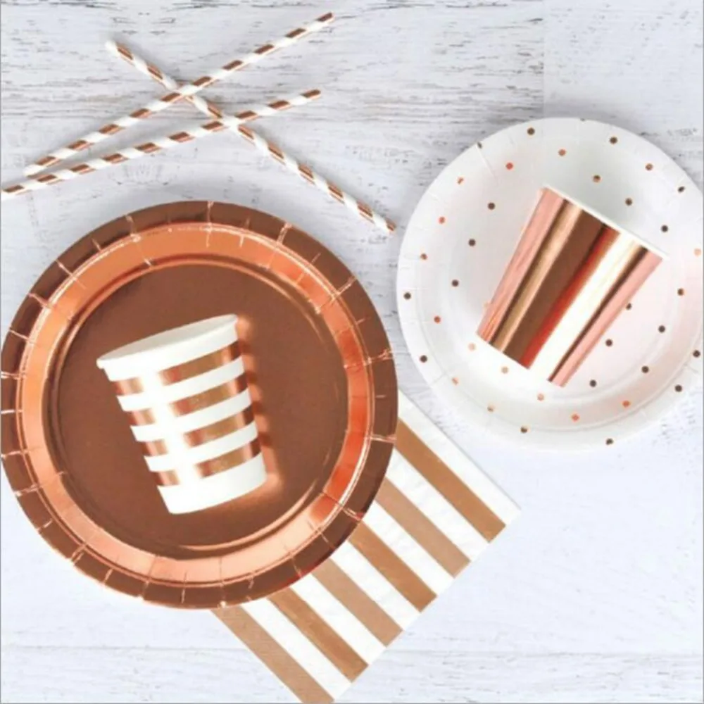 

Rose Gold Stripe Disposable Paper Plates&Cup Wedding Birthday Decoration Baby Shower Festival For Kids Tableware Party Supplies