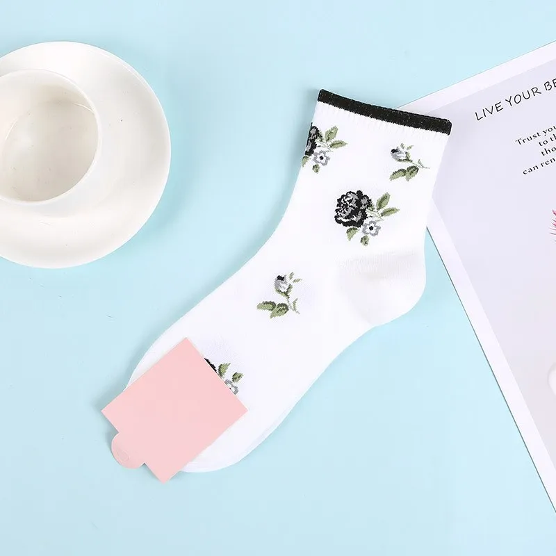 Женские короткие носки в стиле Харадзюку, модные милые носки с цветочным принтом розы, мягкие хлопковые хипстерские вечерние носки, подарки, женские носки - Цвет: Черный