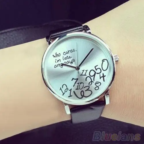 

New Women's Men's Who Cares Faux Leather Arabic Numerals Letters Printed Wrist Watch hot reloj hombre watches