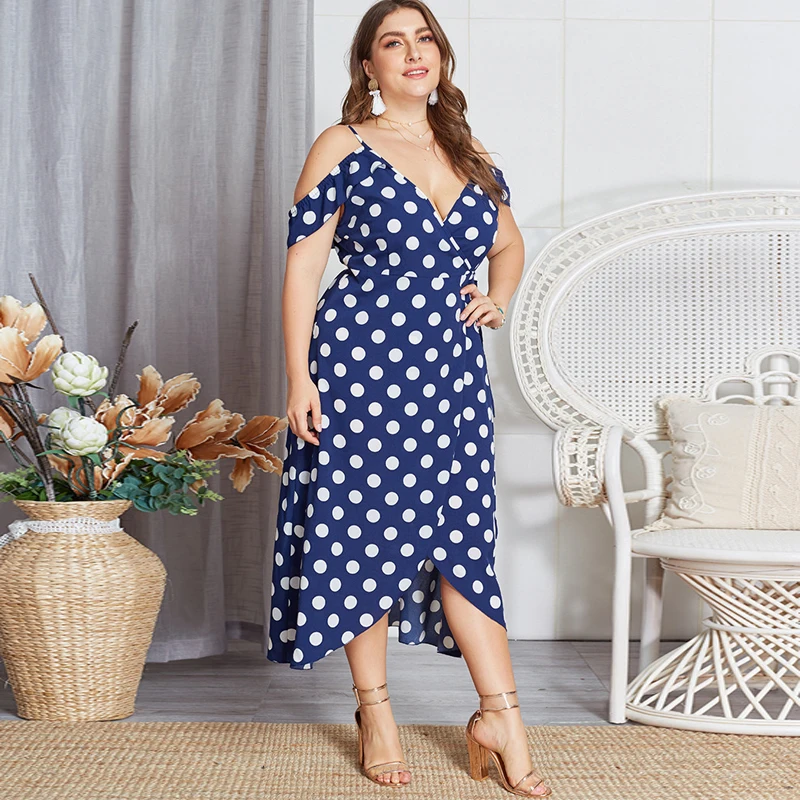Plus Size Polka Dot Maxi Dress V Neck Backless Tunic Dress Lace Up Summer Vestidos Beach Boho Long Robe Off Shoulder Women Dress Plus Size Polka Dot Maxi Dress V Neck Backless Tunic Dress Lace Up Summer Vestidos Beach Boho Long Robe Off Shoulder Women Dress