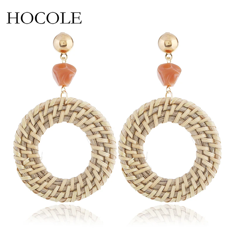 

2018 Bohemian Straw Weaving Rattan Knit Hollow Out Drop Earrings For Women Beads Charm Wood Statement Jewelry Gift Pendientes