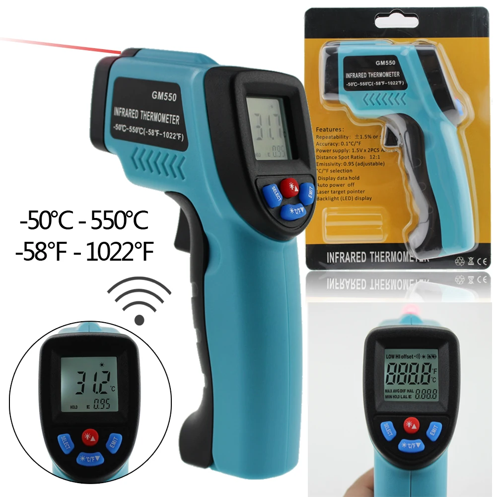 

Handheld Digital IR Laser Infrared Thermometer -50~550 Degree Non-Contact Pyrometer LCD Temperature Meter Laser Point Gun
