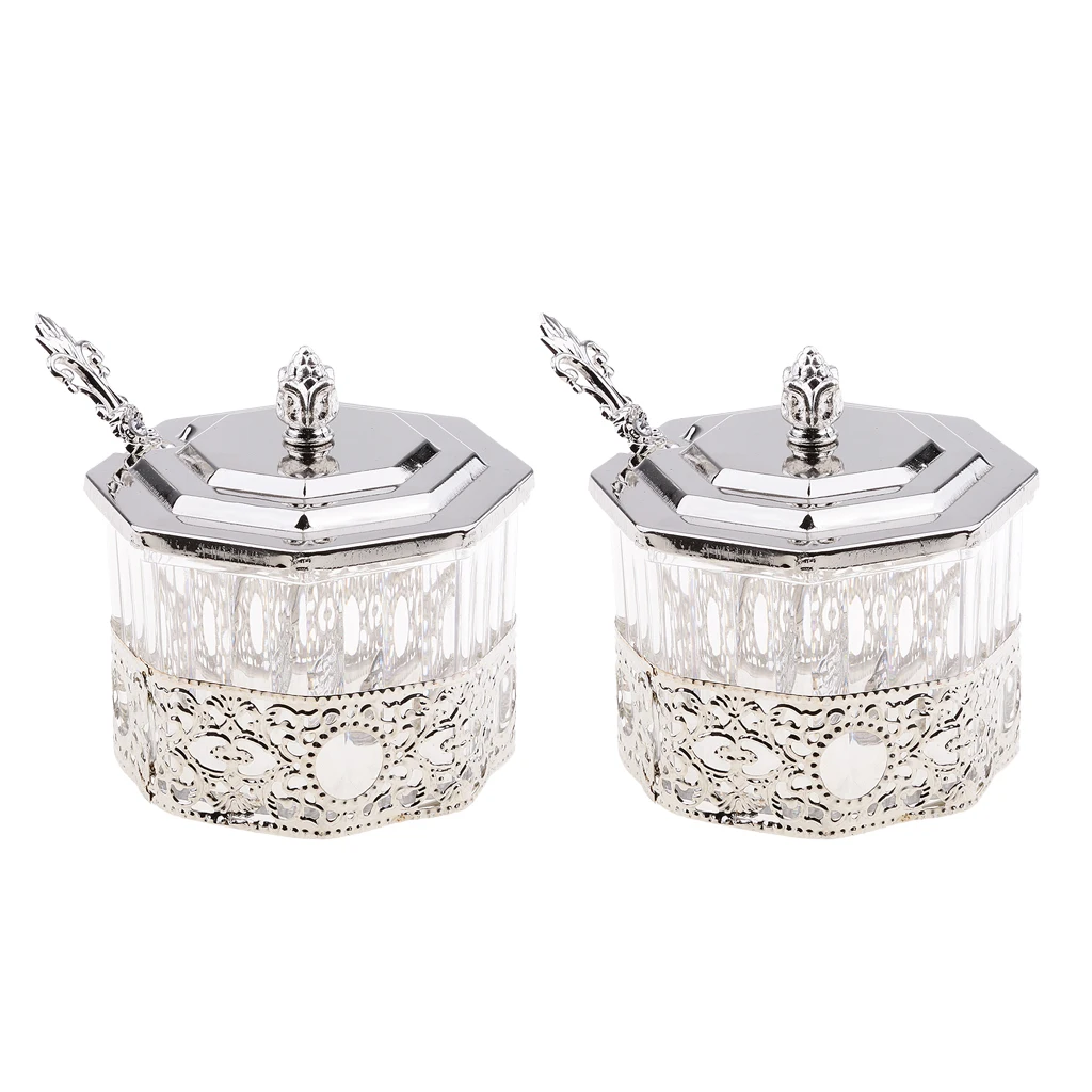 

2PCS Tea Coffee Sugar Kitchen Storage Canister Jar Containers Silver Octagon