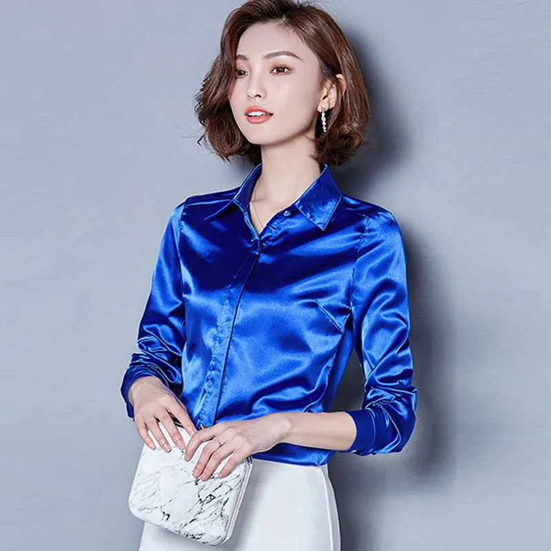 Women Silk Satin Long Sleeve Shirts Slim Turndown Collar Elegant Soft
