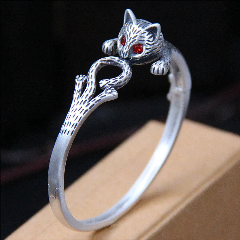 

100% Real Pure 925 Sterling Silver Bangles Red Cubic Zirconia Cat Bangle Bracelets Womens Retro Style S990 Silver Bangle